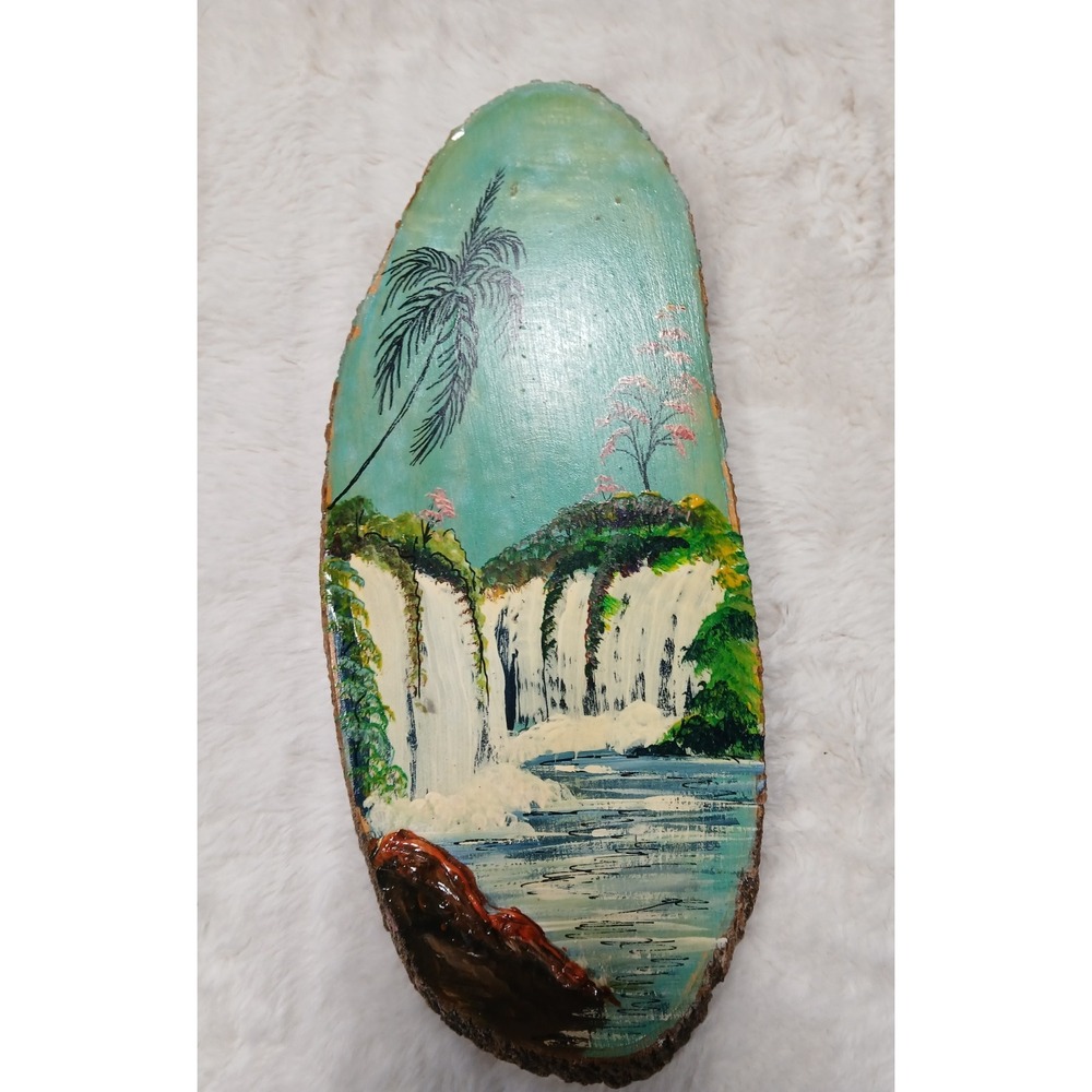 Vintage‎ Beautiful Retro Wood  Oil Painting Tropical Waterfall Souvenir Art